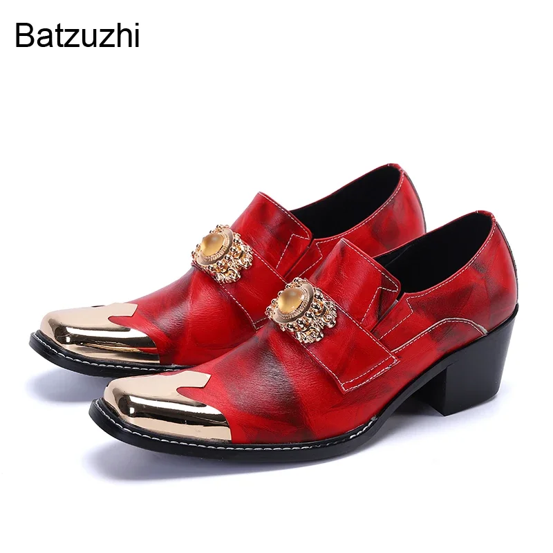 

Batzuzhi British Style Handmade Men's Shoes Metal Head Genuine Leather Dress Shoes Men Red Party/Wedding Shoes 6.5cm High Heels