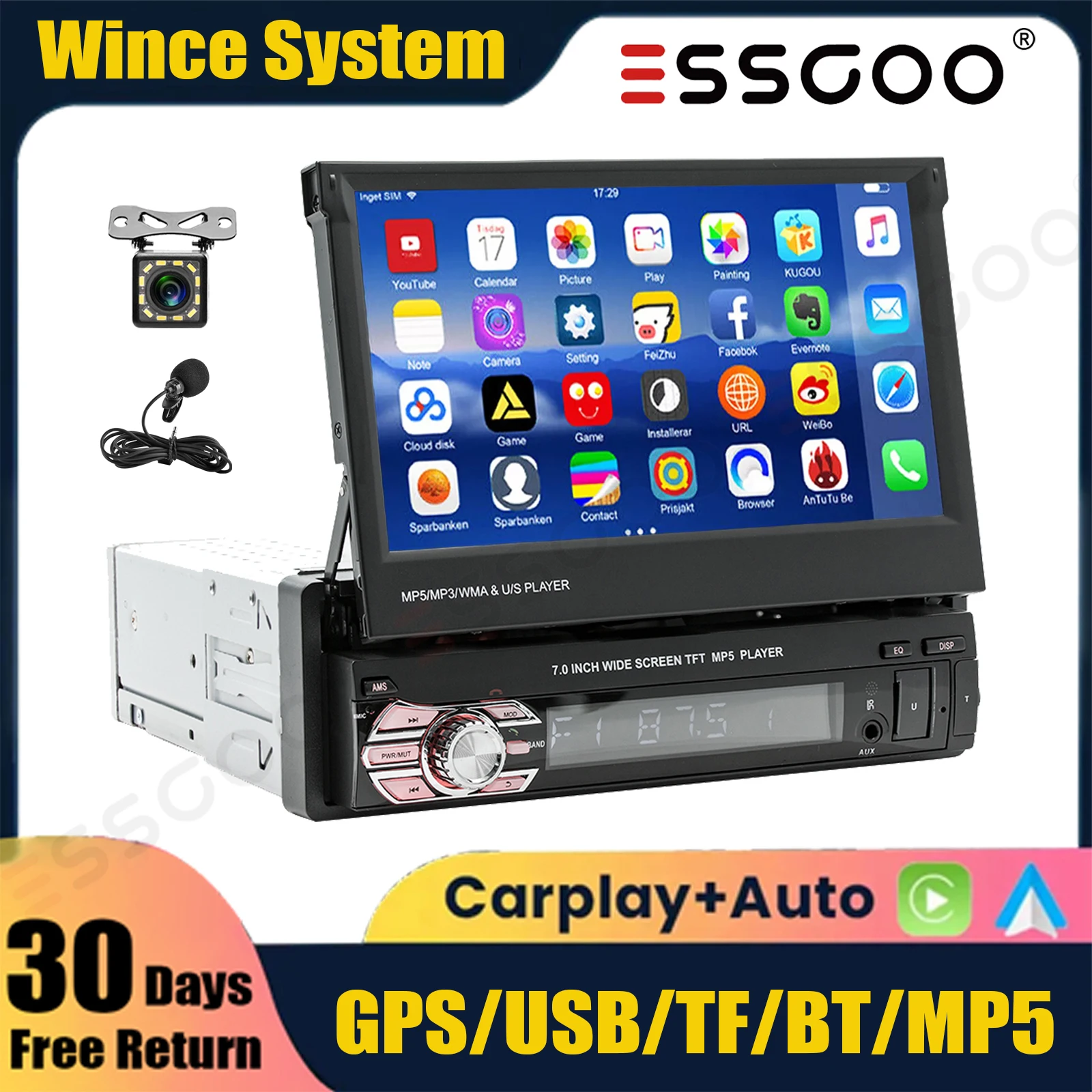 

Single 1 Din 7 Inch Filp Out Apple CarPlay Car Stereo Radio USB FM TF Head Unit HD Touch Screen AUX-IN SWC Bluetooth+MIC&Camera