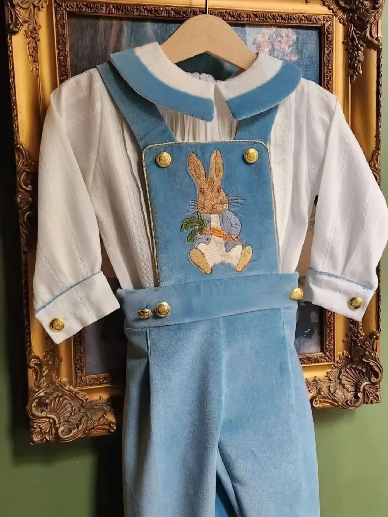 0-6Y Baby Boy Autumn Rabbit Embroidery Long sLleeves Blue Velvet Suit for Birthday Party Photography Christmas C302