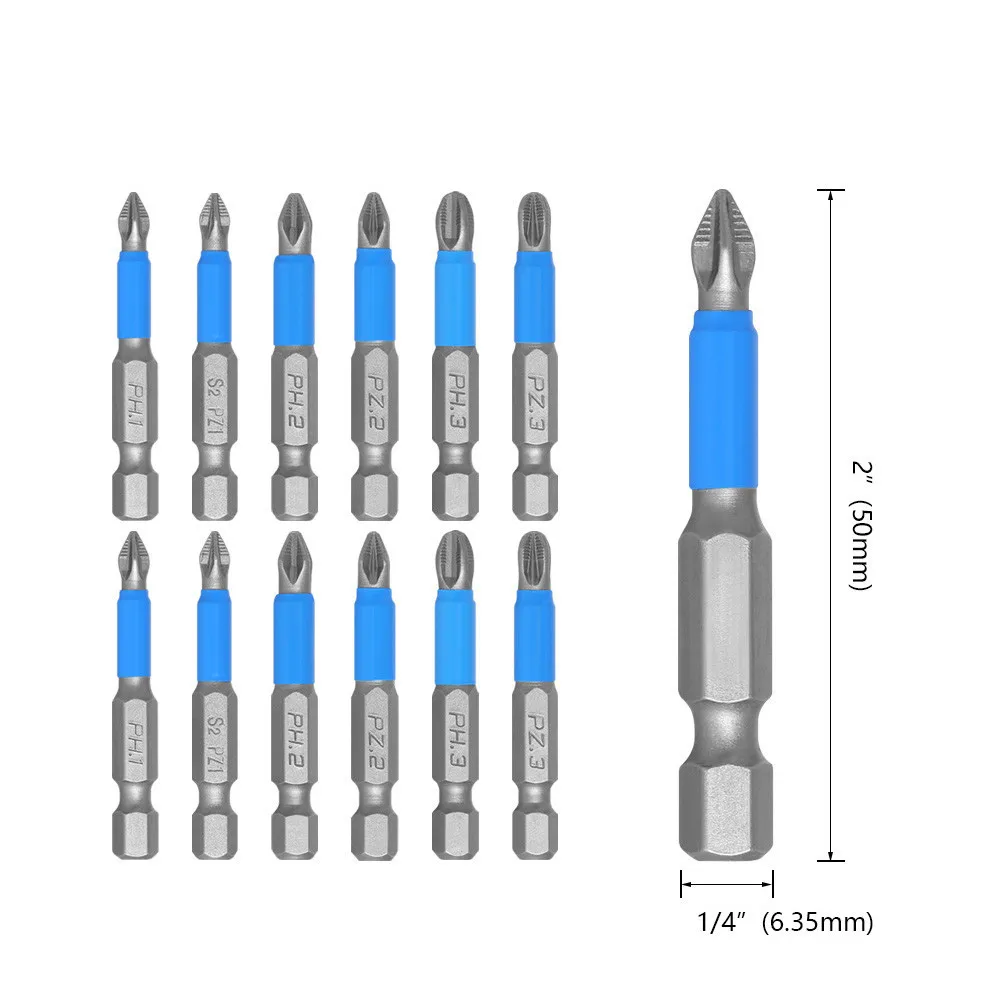 12pcs Bits Alloy Steel 50mm Impact Anti Non-Slip Magnetic Cross Tip PH1 PH2 PH3 PZ1 PZ2 PZ3 For 1/4