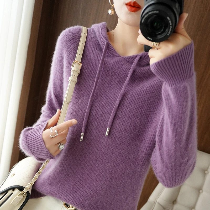 New Women's Drawstring Hooded Bottoming Shirt Autumn Winter Pullover Sweater Thick Warm Knit Hoodie Long Sleeve Solid Casual Top