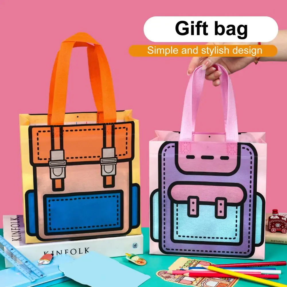 Bolsas de impressão de desenhos animados dobráveis, cintas largas Snack Gift Bag, saco de viagem infantil não tecido, saco de armazenamento de artigos escolares, 5 pcs