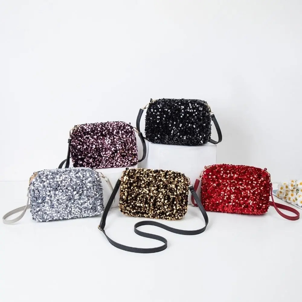 Solid Color Sequins Crossbody Shoulder Bag Sparkly Simple Design Evening Clutch Bags Glamorous Chain Strap Underarm Phone Purse
