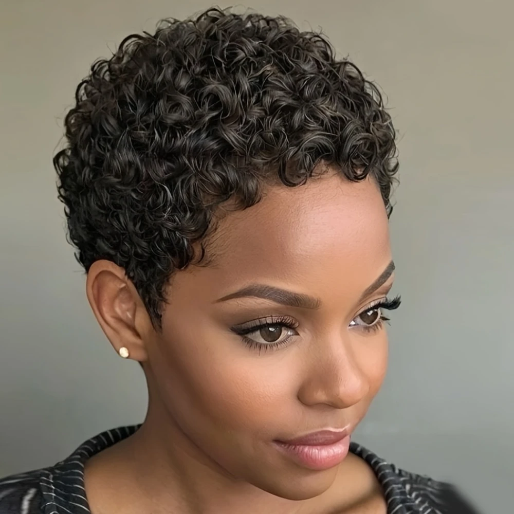 密度150% 4インチ フルマシンメイド ショートアフロカーリー人毛ウィッグ アフロショートウィッグ 女性用ピクシーカットウィッグ人毛