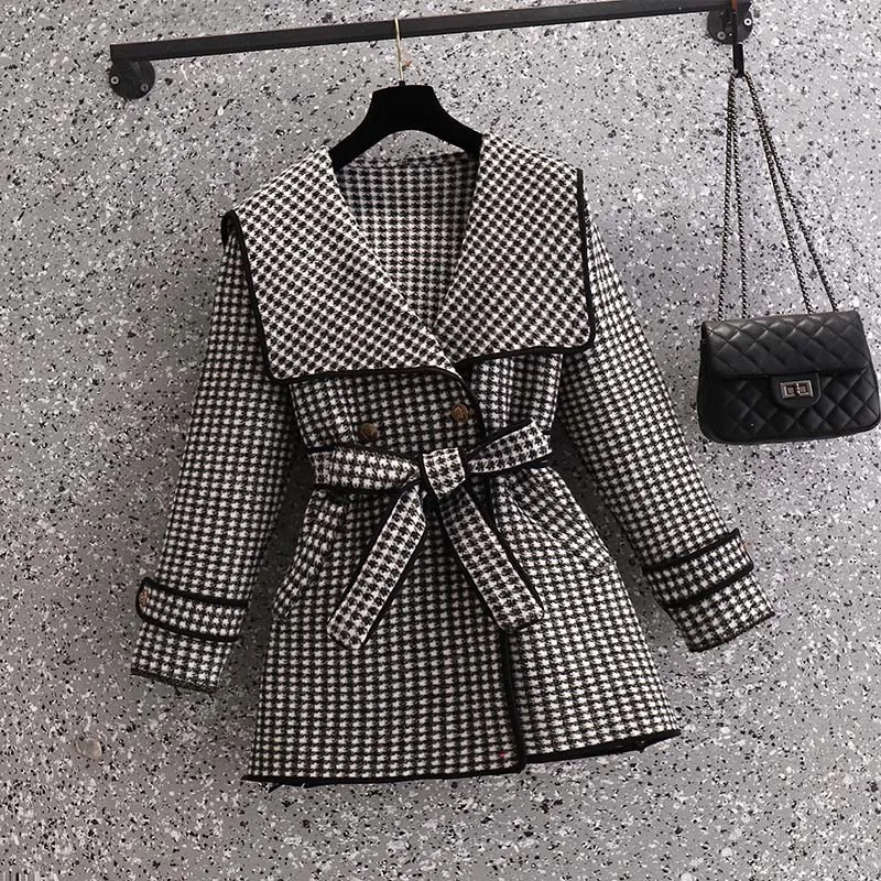 Fashion Trench Coat Women\'s Clothing 2023 Autumn Winter New Large Size Slim Street Waist Plaid Windbreaker Wool Coats bd767