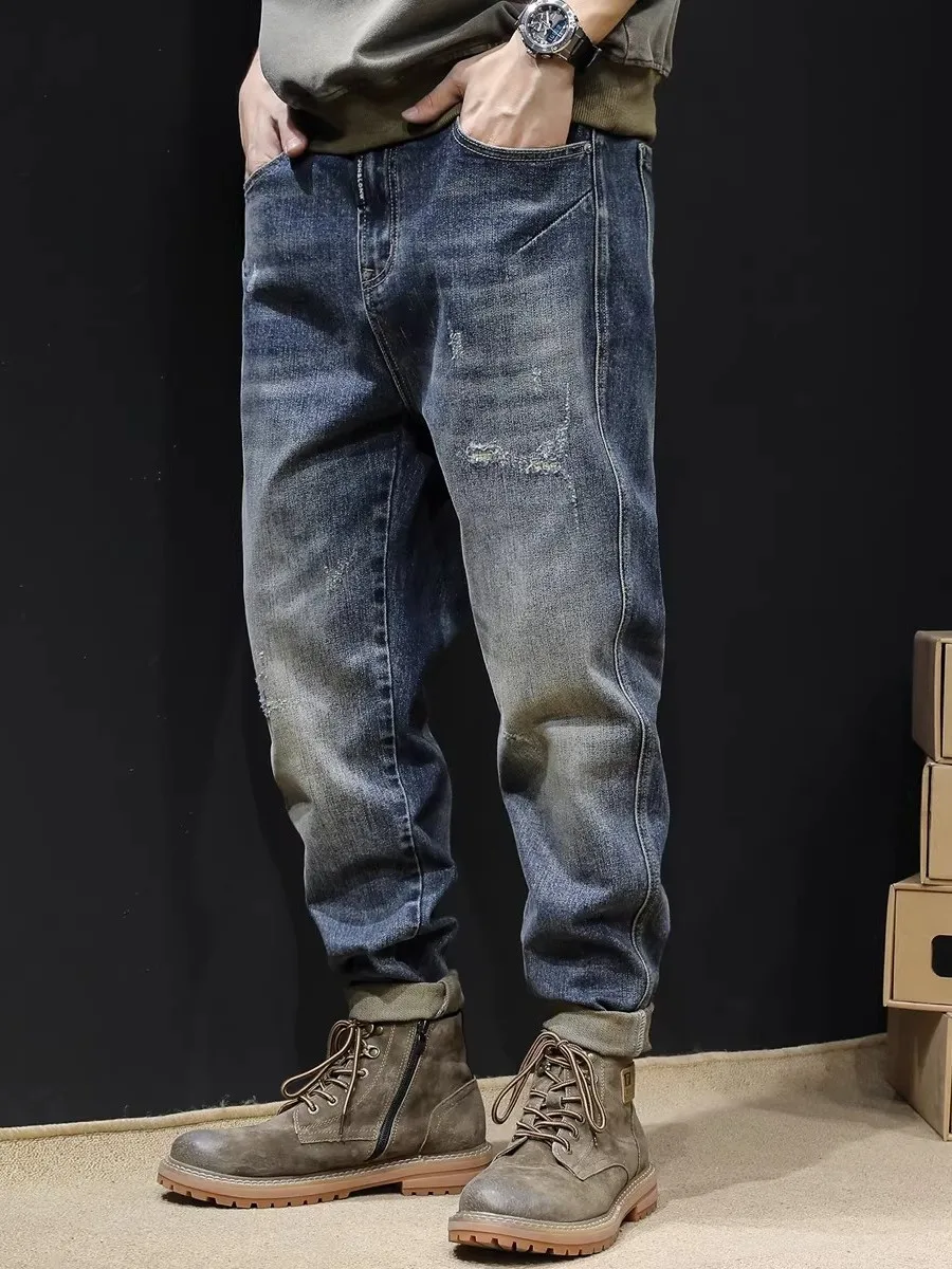 

Loose Fit Men's Jeans Elastic Straight Leg Denim Pants Vintage Sle Spring Autumn Wear Resistant Casual Trousers for Men