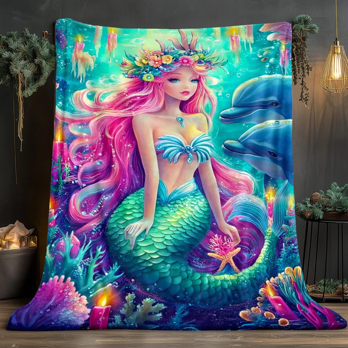 Mermaid fantasy underwater scene blanket with dolphins coral and flowers soft flannel throw for bedroom decor cozy warm textile