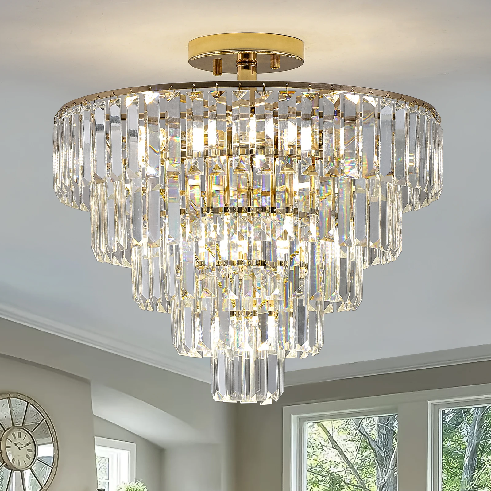 

Gold Crystal Chandeliers,5-Tier Round Semi Flush Mount Chandelier Light Fixture,Large Contemporary Luxury Ceiling Lighting