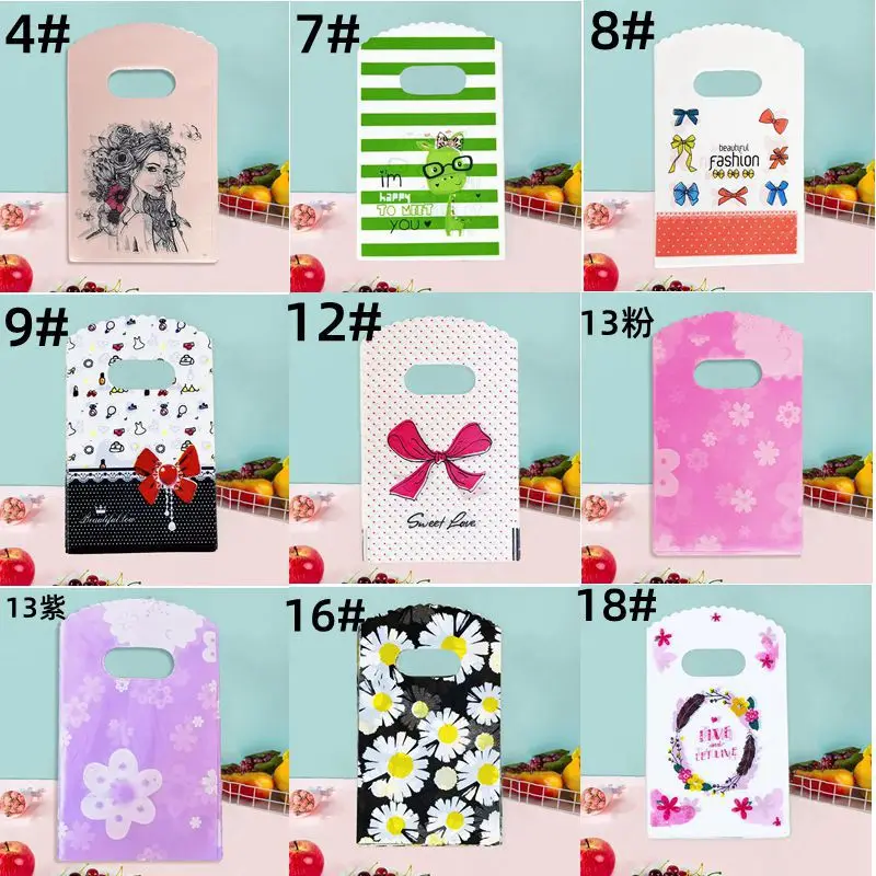 50Pc 9x15cm Small Jewelry Bag Pattern Plastic Bag Earrings Hair Card Gift Bag Candy Cookie Party Favor Packaging Bag with Handle