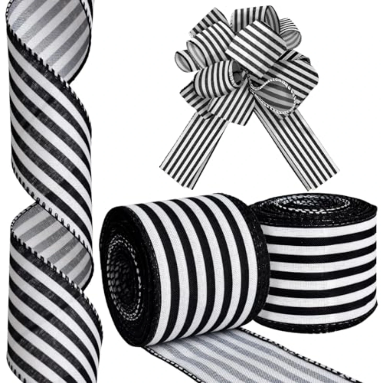 Schwarz-weiß gestreiftes, verdrahtetes Band – 5 Yards (2 Rollen) |   Faltenfreier Satin für Weihnachtsbäume, Kränze und Geschenkdekoration