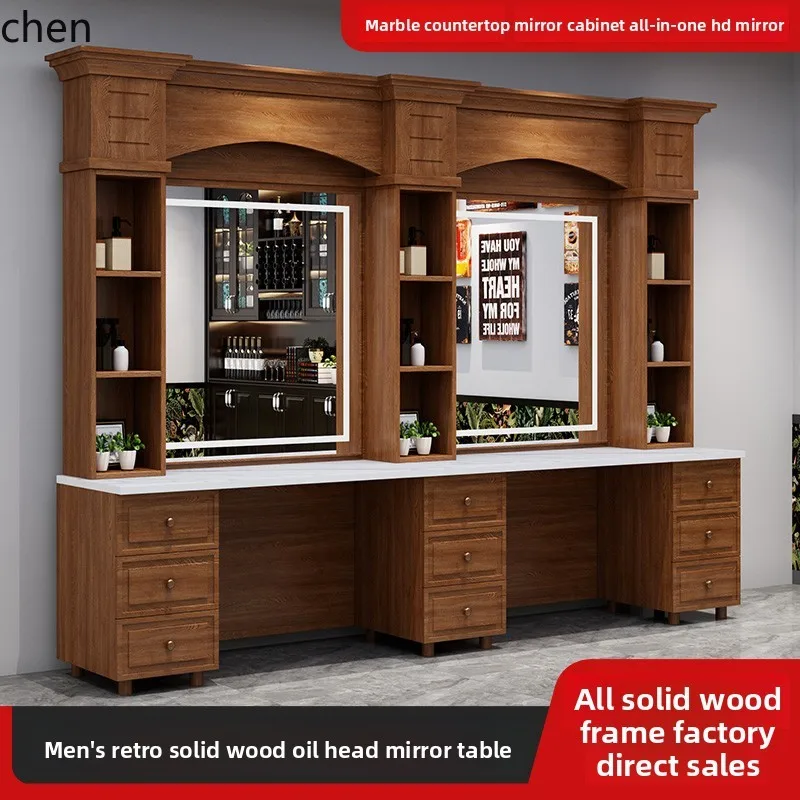 HT retro barber shop mirror table hair cutting solid wood mirror for men's hair salon 2