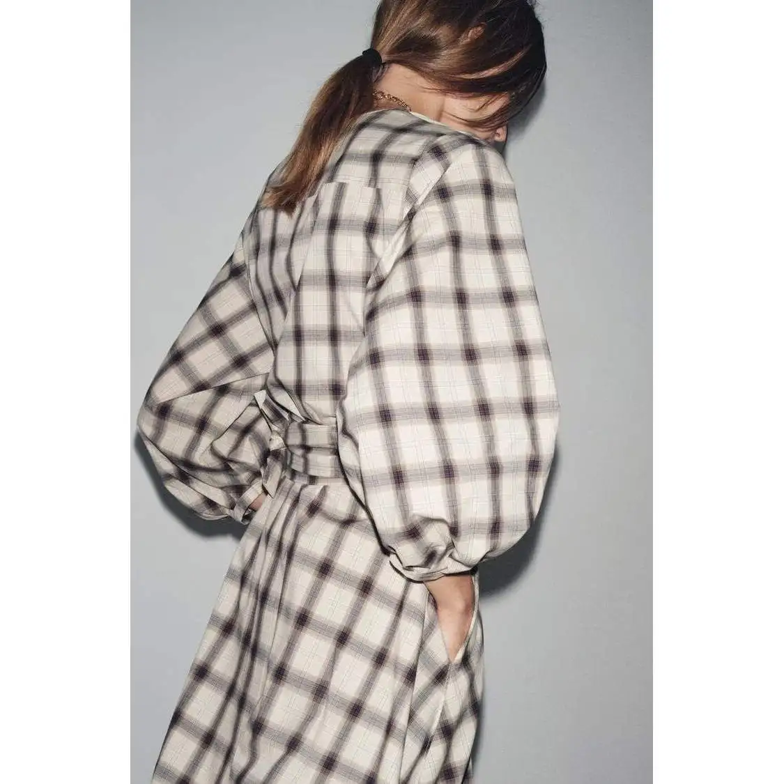 Herfst Winter Nieuwe Collectie vrouwen irt Dr Faionable Veelzijdige Plaid Sle Lange Sve ronde Ne A-lijn Rok Dr