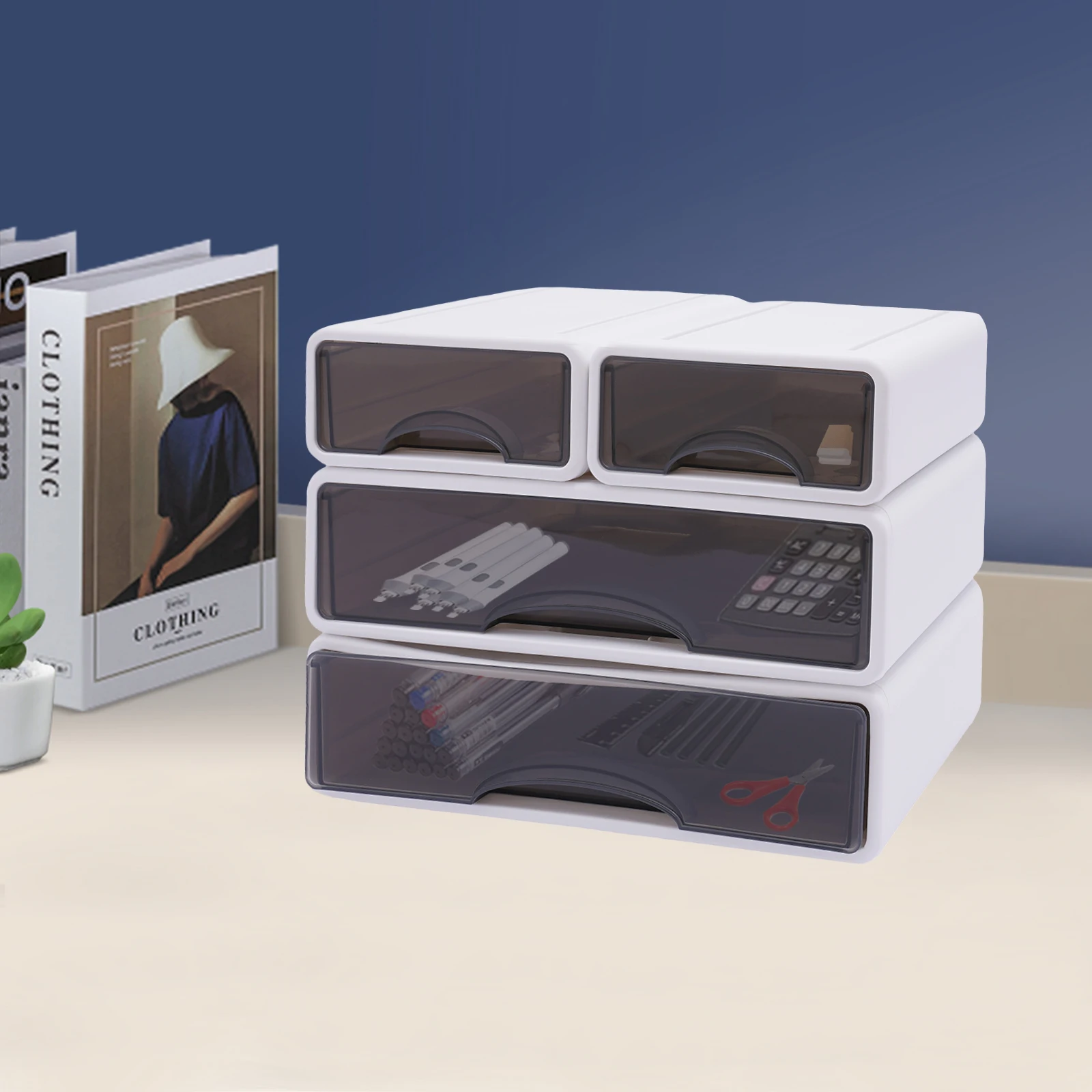 

Штабелируемый офисный ящик для хранения с 4 ящиками, настольный органайзер из полипропилена для настольных аксессуаров, компактное настольное хранилище для домашнего/офисного использования