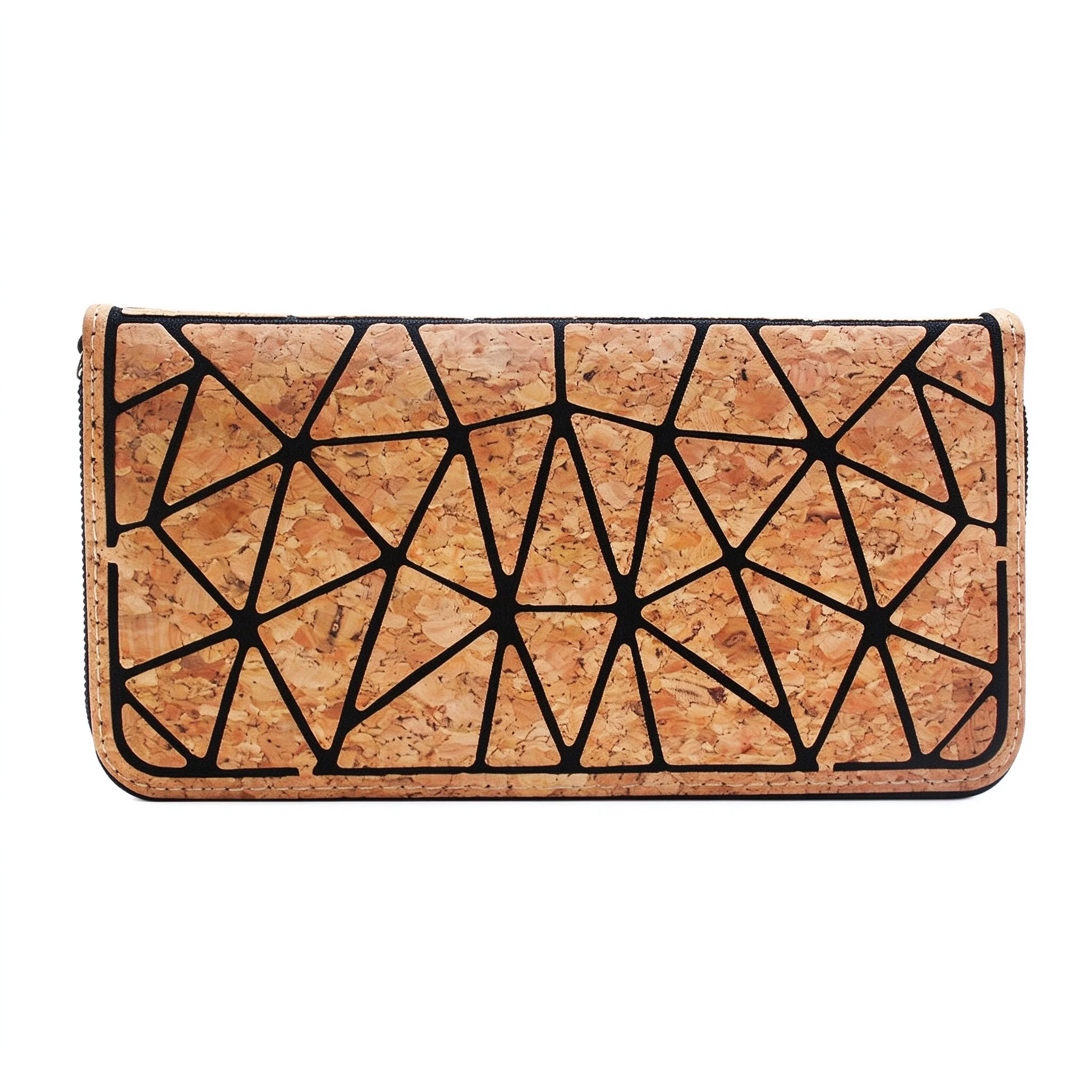 Brown Black Card Money Cork Triangle Patchwork Long Wallet Zip Around Clutch Handbag Minimalist Design Purse Velcro For Women