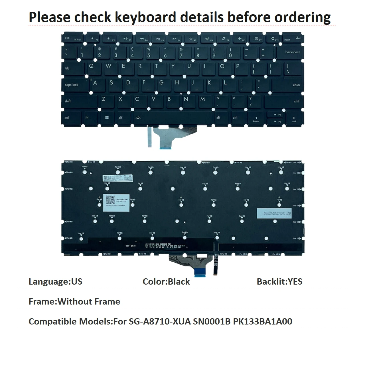 New US Language  Backlit Keyboard For HP SG-A8710-XUA SN0001B PK133BA1A00 Notebook PC Replacement Keyboard