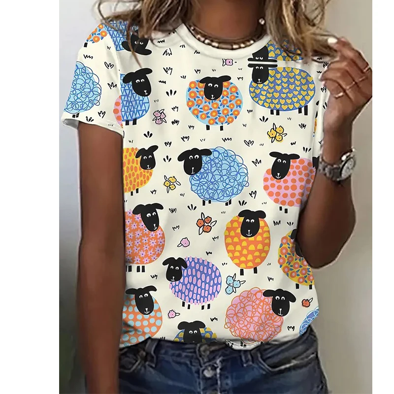 Sheep Dog Cat T-Shirts Animal Pattern 3D Print Women O-Neck Short Sleeves T Shirt Street Y2k Harajuku Tees Tops Female Clothing