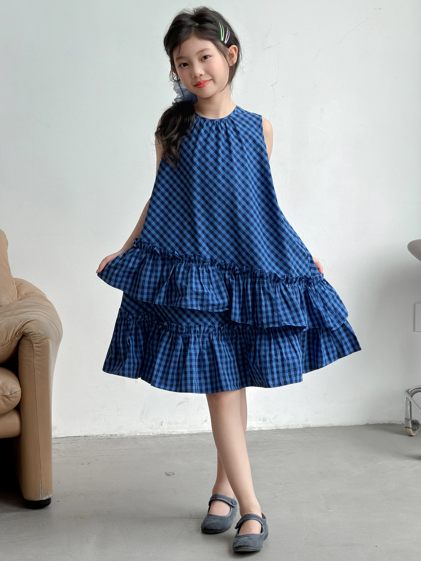 princess-dress-girls-children's-beautiful-summer-dress-cake-dress-retro-style-cotton-soft-comfortable-mid-waist-gingham-pattern