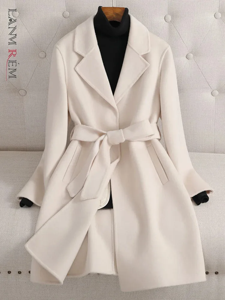 

LANMREM High End Wool Long Coat Women Notched Collar Solid Color Belt Gathered Waist Clothing Fashion 2023 Winter New 2AA4334