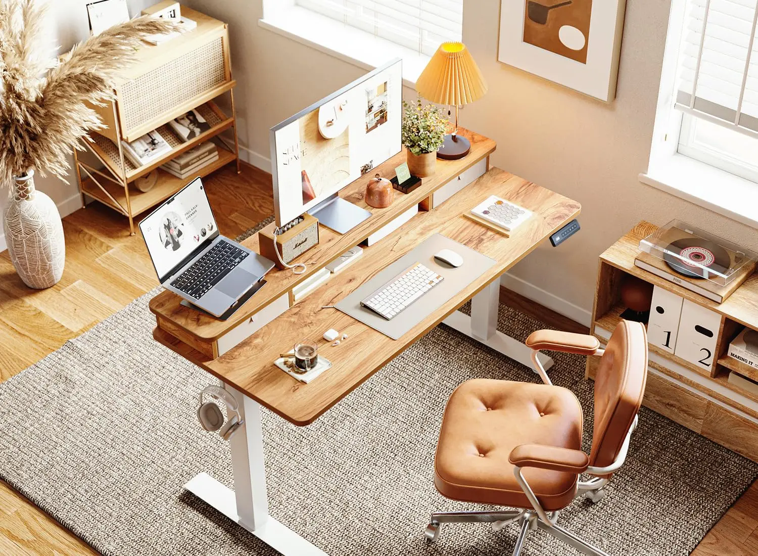 #55 x 24 Inch Electric Height Adjustable Standing Desk with Double Drawers, 4 Adjustable Feet & 2 Hooks, Home Office, Customized