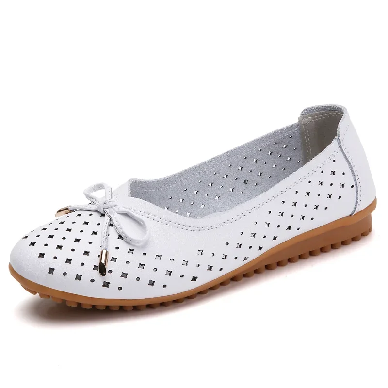 2024 summer Women Cutouts Genuine Leather Mom Shoes Comfortable Flats Nurse Casual slip-on ballet flat loafers size 35-42