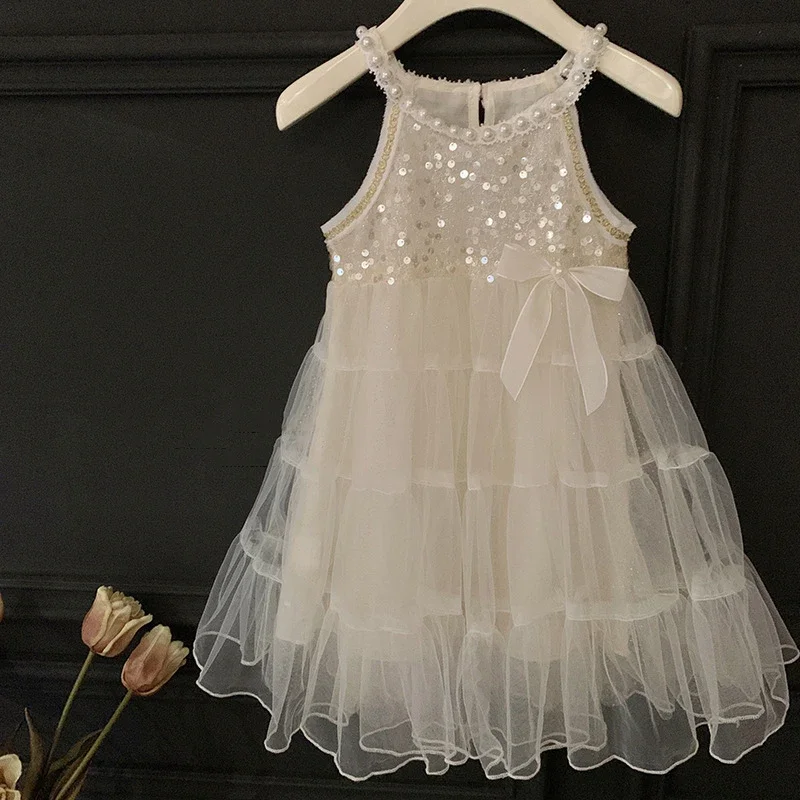 A-Line Fluffy Vestidso 2-8Y Children Summer Fashion Sequins Frock Kids Girls Cute Mesh Dress Halter Patch Pearls Sleeveless