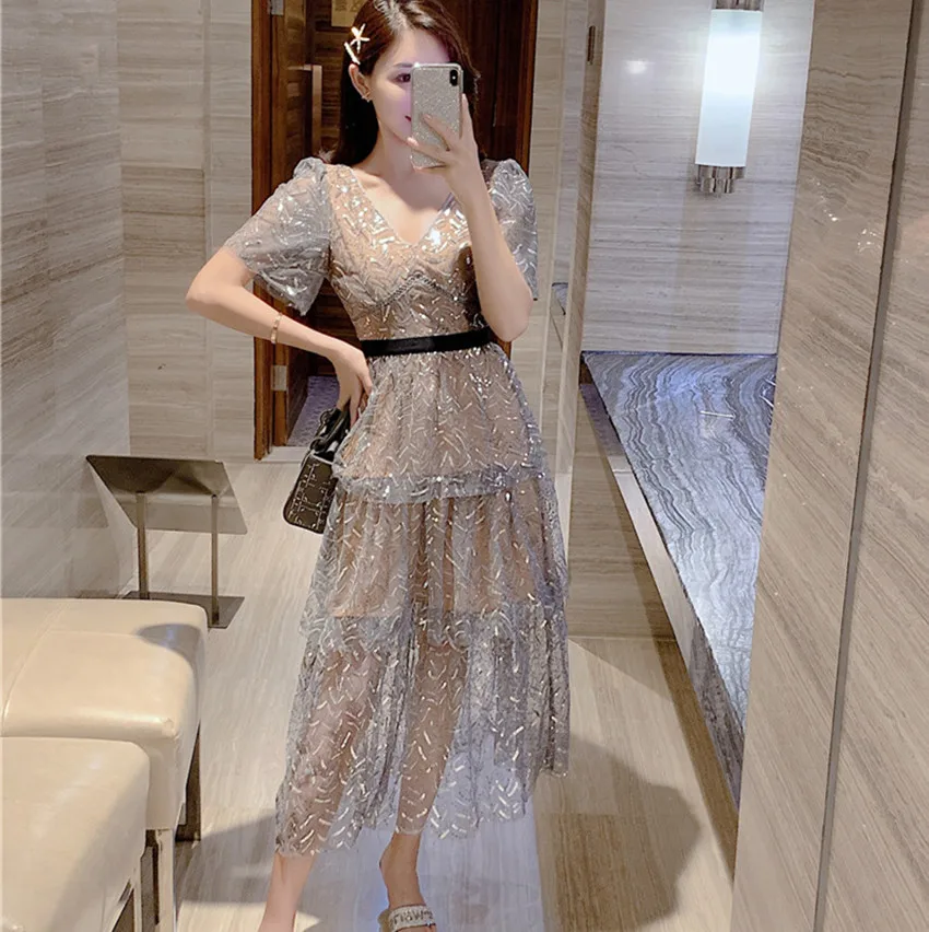 JSXDHK 2024 New Runway Women Mesh Sequined Party Dress Elegant Women Round Collar Short Sleeve Ruffles Sexy V Neck Long Vestidos