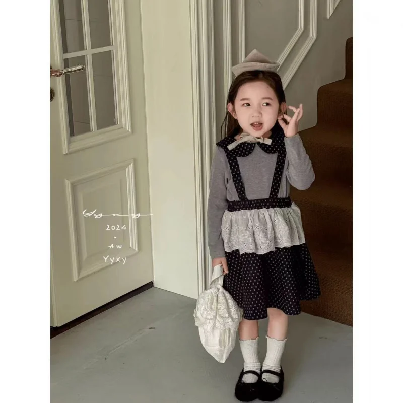 Hnq-Children's Sweet Set Autumn Girls' Doll Shirt+Vest Skirt Two-Piece Set3-8Children's Clothing One Piece Dropshipping