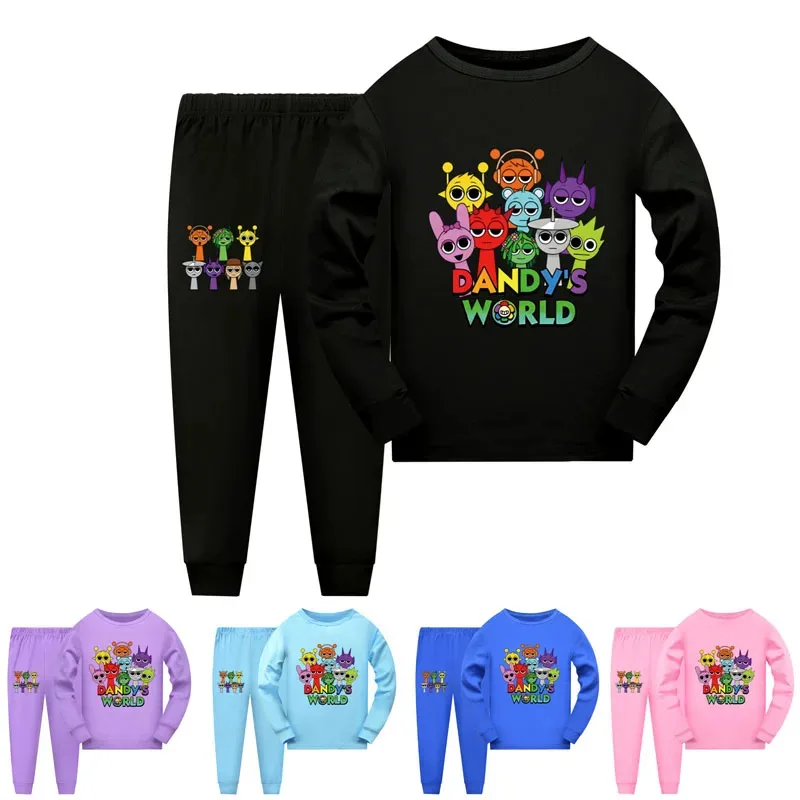 Детский пижамный комплект Sprunki для мальчиков, одежда ужасов «Мир Dandy's», одежда для сна с капюшоном для маленьких девочек, брюки, костюмы из 2 предметов, повседневные спортивные костюмы
