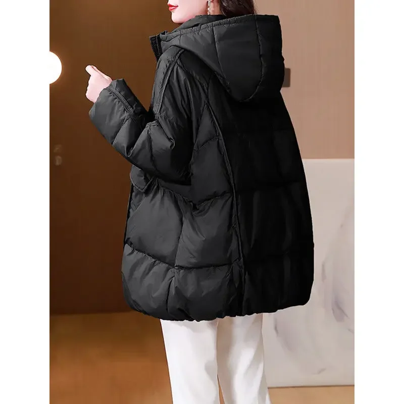 2024 Winter New Down Padded Women's Coat Thickened Coat in Long Loose Large Size Mother Hooded Padded Jacket Personality Fashion