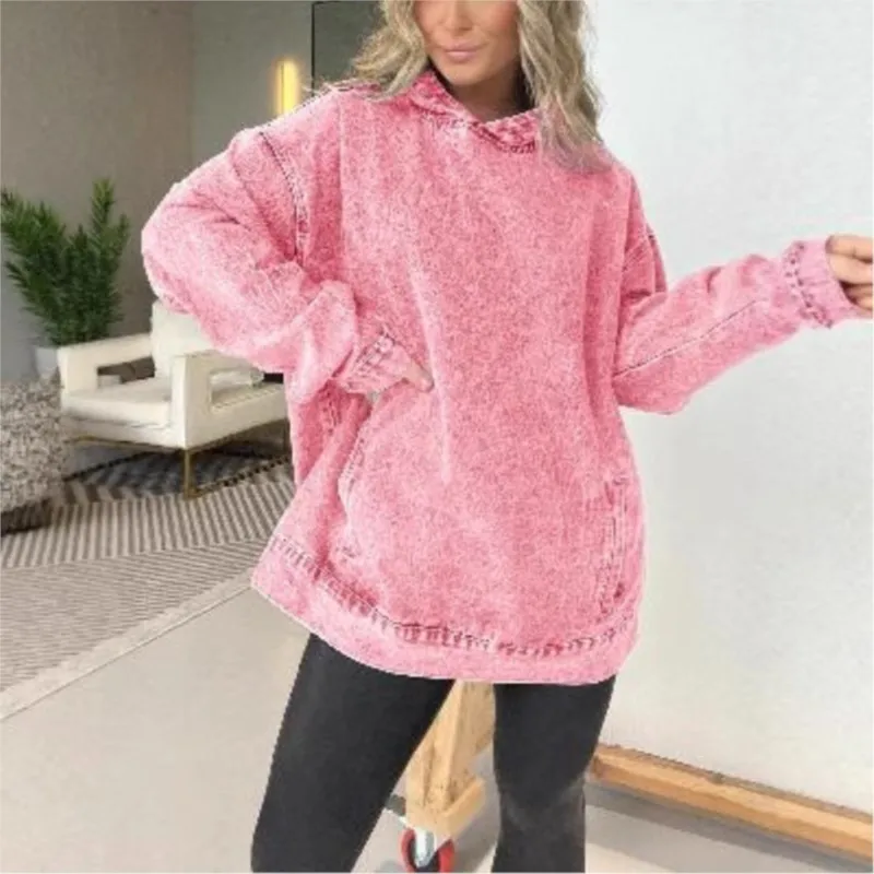 Chamarras Invierno Mujeres Versatile New Women's Hooded Pullover Denim Sweatshirt Loose Solid Color Pullover Abbigliamento Donna