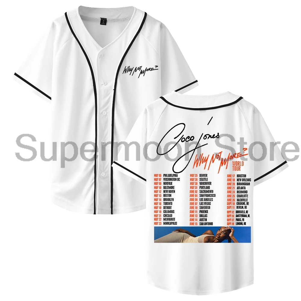كوكو جونز لماذا لا مزيد جولة حول العالم 2025 البيسبول جيرسي الخامس الرقبة قصيرة الأكمام زر متابعة القمصان الرجال النساء ملابس الشارع الشهير