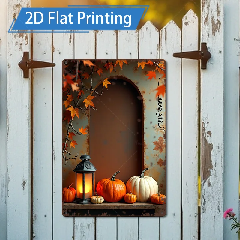 1pc 8x12inch Metal Sign Autumn Harvest Scene with Pumpkins and Lantern 2D Flat Printing Metal Art Decor