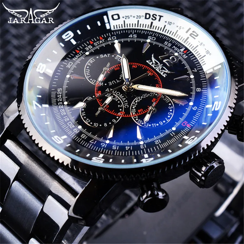 Fashion Jaragar Top Brand Hot Selling Blue Glass  Casual Full Stainless Steel & Silicone Automatic Mechanical Men\'s 3 Eyes Watch