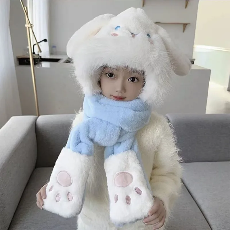 Kawaii Sanrio Cinnamoroll Kuromi Children Hat Scarf Gloves One Winter My Melody Pochacco Ear Protection Warm Cowl Xmas Gift Girl