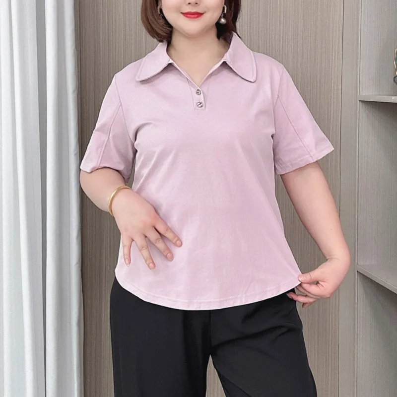 Plus Size Vrouwen T-Shirt 2024 Nieuwe Zomer Dunne Casual Effen Kleur Polokraag Korte Mouw Top