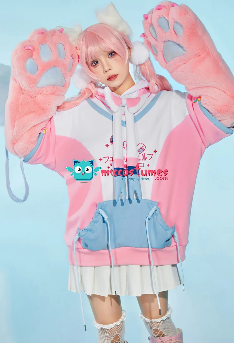 Miccostumes PM Derivative Pullover Hoodie with Detachable Bag Design Furry Cat Paw Gloves Kawaii Sweatshirt