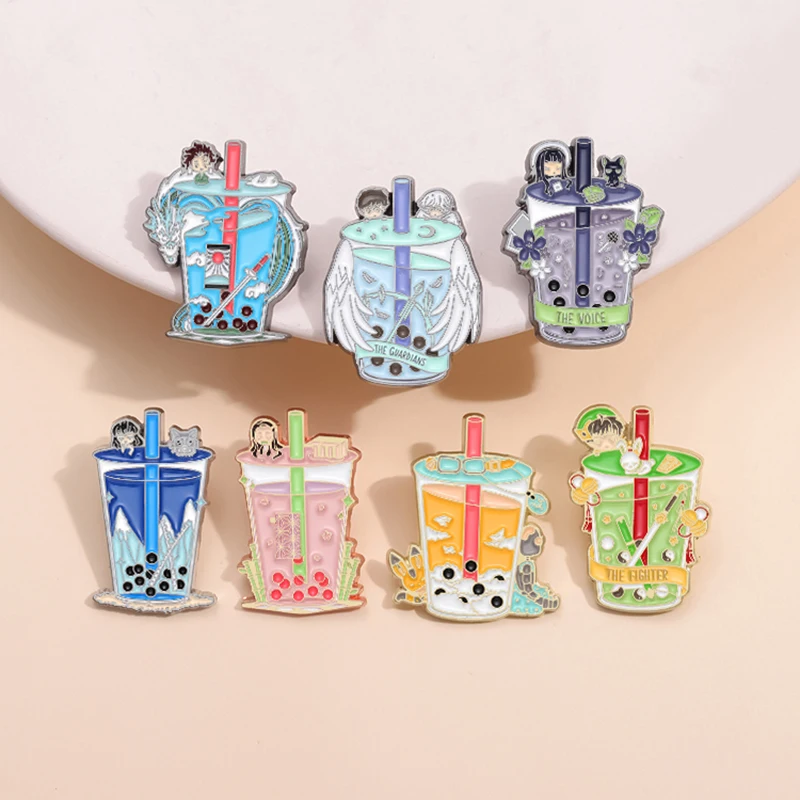 Cute Drink Enamel Brooch Blueberry Milk Tea Strawberry Yamagawa Wave Dragon Wings Milk Tea Cup Metal Badge Punk Pin Jewelry Gift