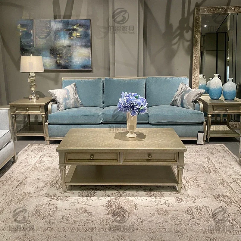 American Light Luxury Solid Wood Champagne Silver Rectangular Coffee Table