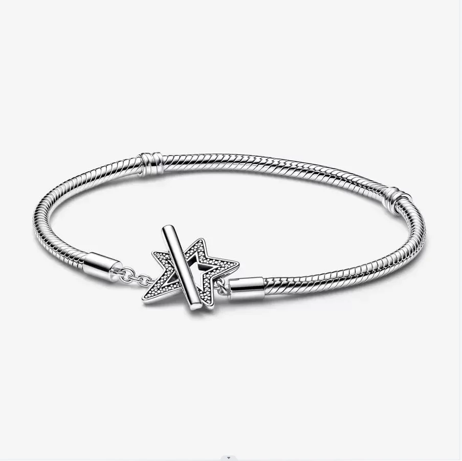 

2022 New 925 Sterling Silver Moments Asymmetric Star T-bar Snake Chain Bracelet Fit Original Pan Charm Bracelet DIY Jewelry