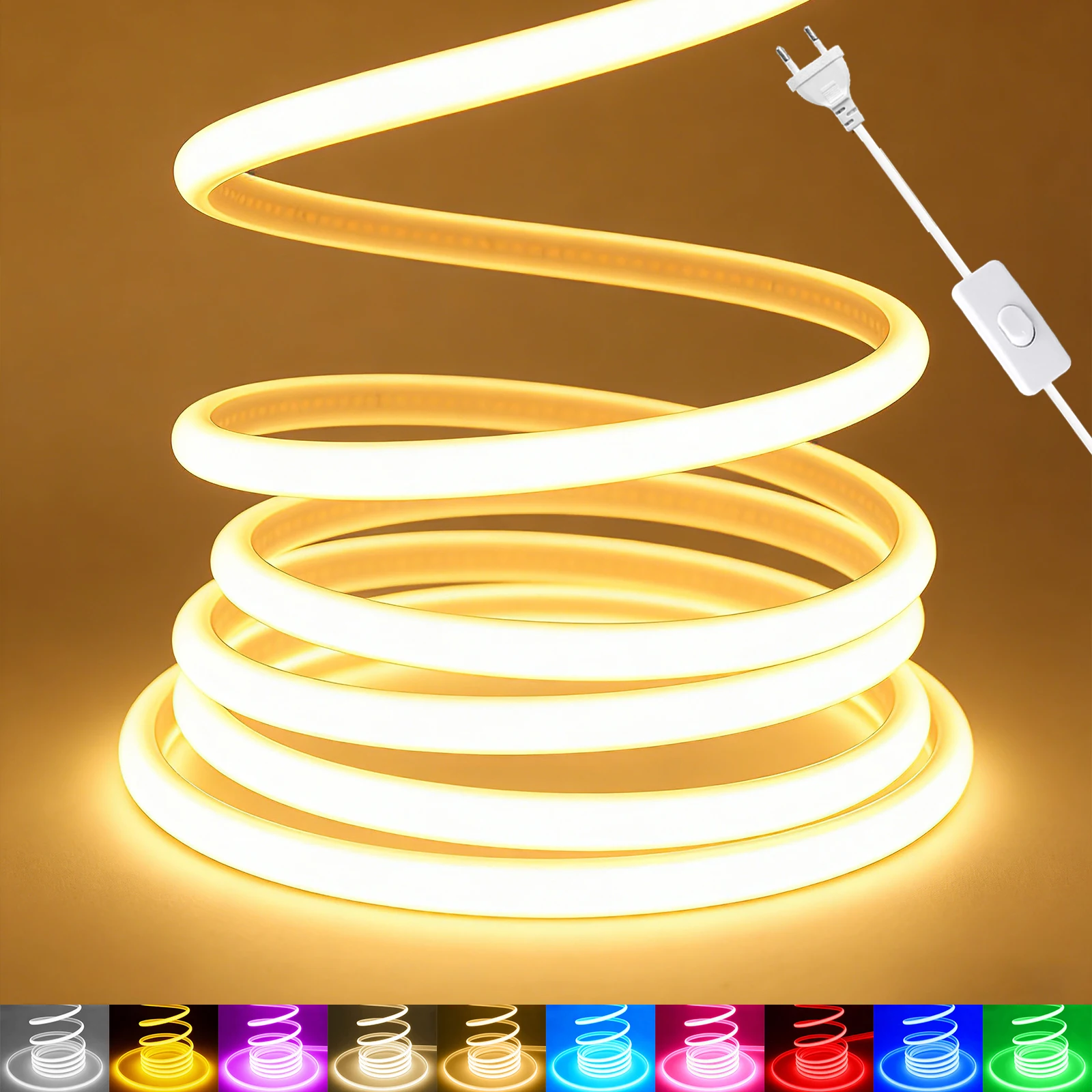 AC 220V COB Strip With Switch Ice Blue/Pink/Yellow/Green/Pink/White 3000K 4000K 6000K Waterproof Flexible Ribbon LED Neon Light