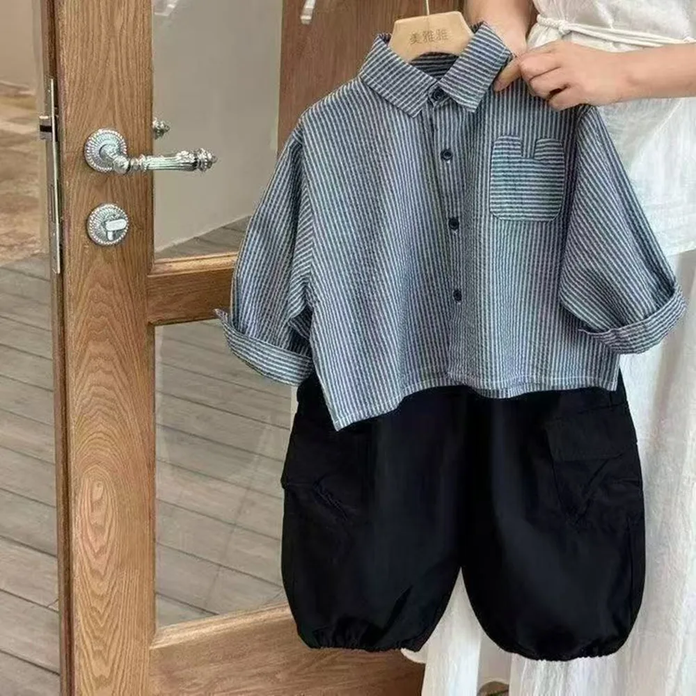 Children's Shirt Spring and Autumn Boys' Baby Striped Bottom Shirt And Pants Kids Clothing 90-140cm