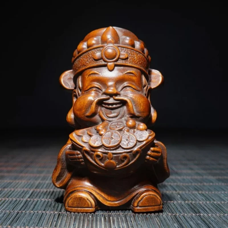 Chinese Boxwood Carving Mammon Statues Ornaments Wooden Mini Figurine Art Gifts