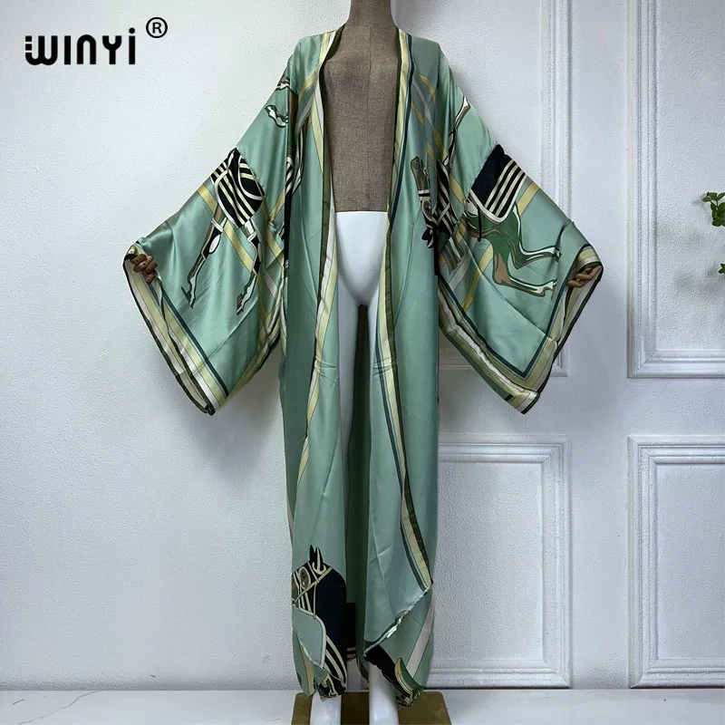 Imagem -05 - Winyi-cardigan de Seda Sexy para Mulheres Moda Praia Quimono Roupas de Praia Capas de Impressão Vestido de Férias Abaya Elegante Boho