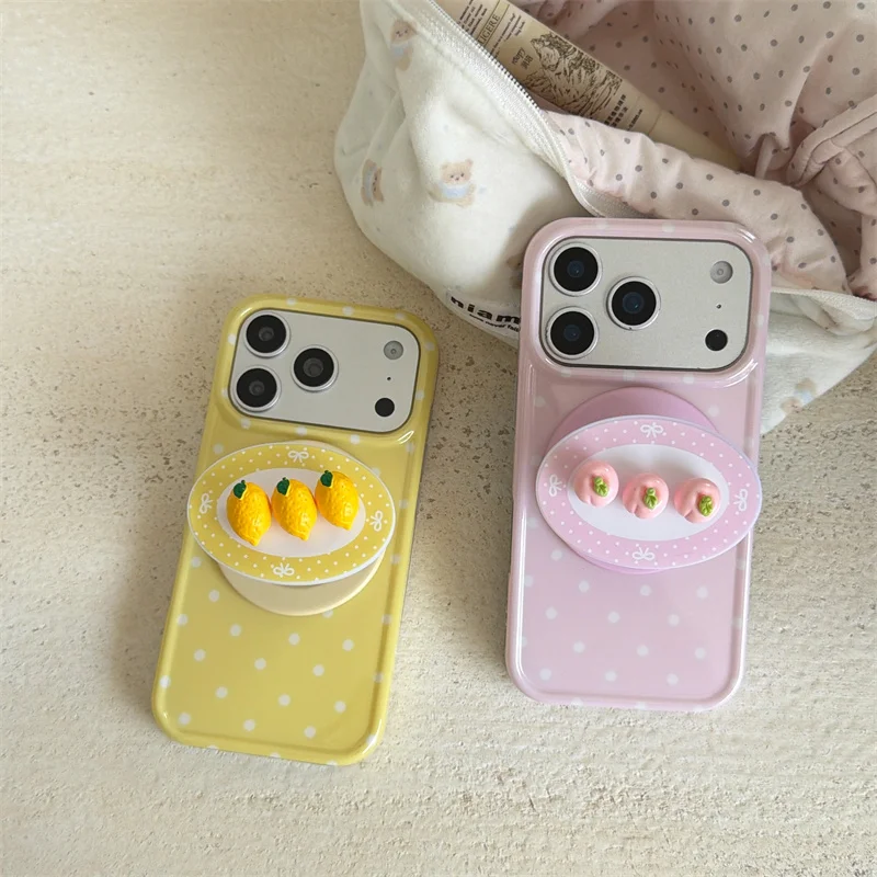 

Compatible Polka Dot For MagSafe Phone Case For iPhone 15 16 17 Pro Max With 3D Lemon/Peach Stand Cute Shockproof Cover iPhone 1