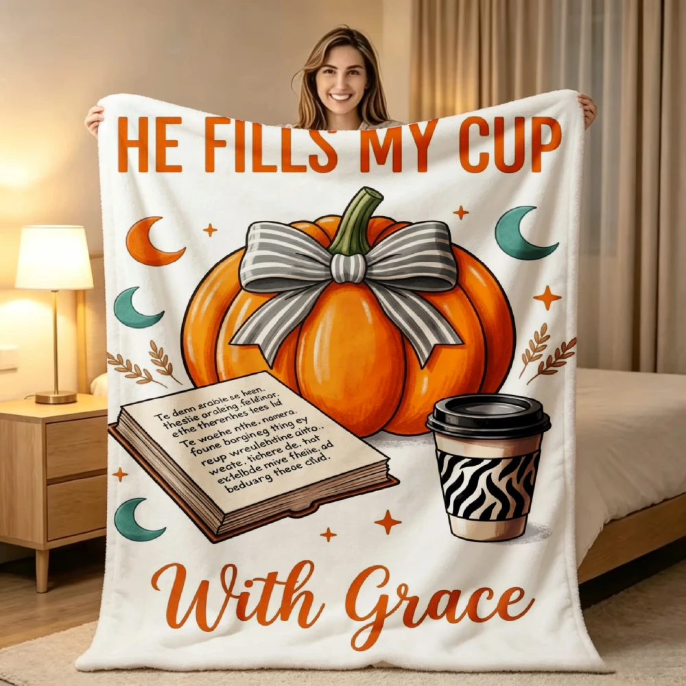 1pc He Fills My Cup with Grace Pumpkin Coffee Book Print Flannel Blanket Soft Comfortable Warm Bed Cover for Autumn Winter Living Room Bedroom Sofa Halloween Thanksgiving Christmas Festival Gift