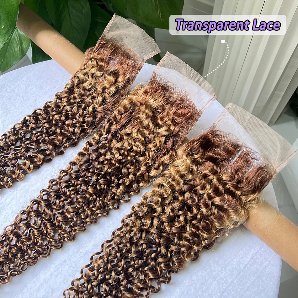 Mettre en évidence P4/27 couleur 4x6 pouces fermeture à lacets transparente bouclés profonds 100% cheveux humains noeuds blanchis dentelle pré-épilée cheveux bruts