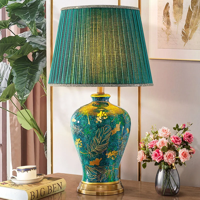 

40x68cm American Retro Green Ceramic Table Lamp For Bedroom Living Room Bedside Lamp Emerald Queen Atmospheric Luxury Villa Lamp