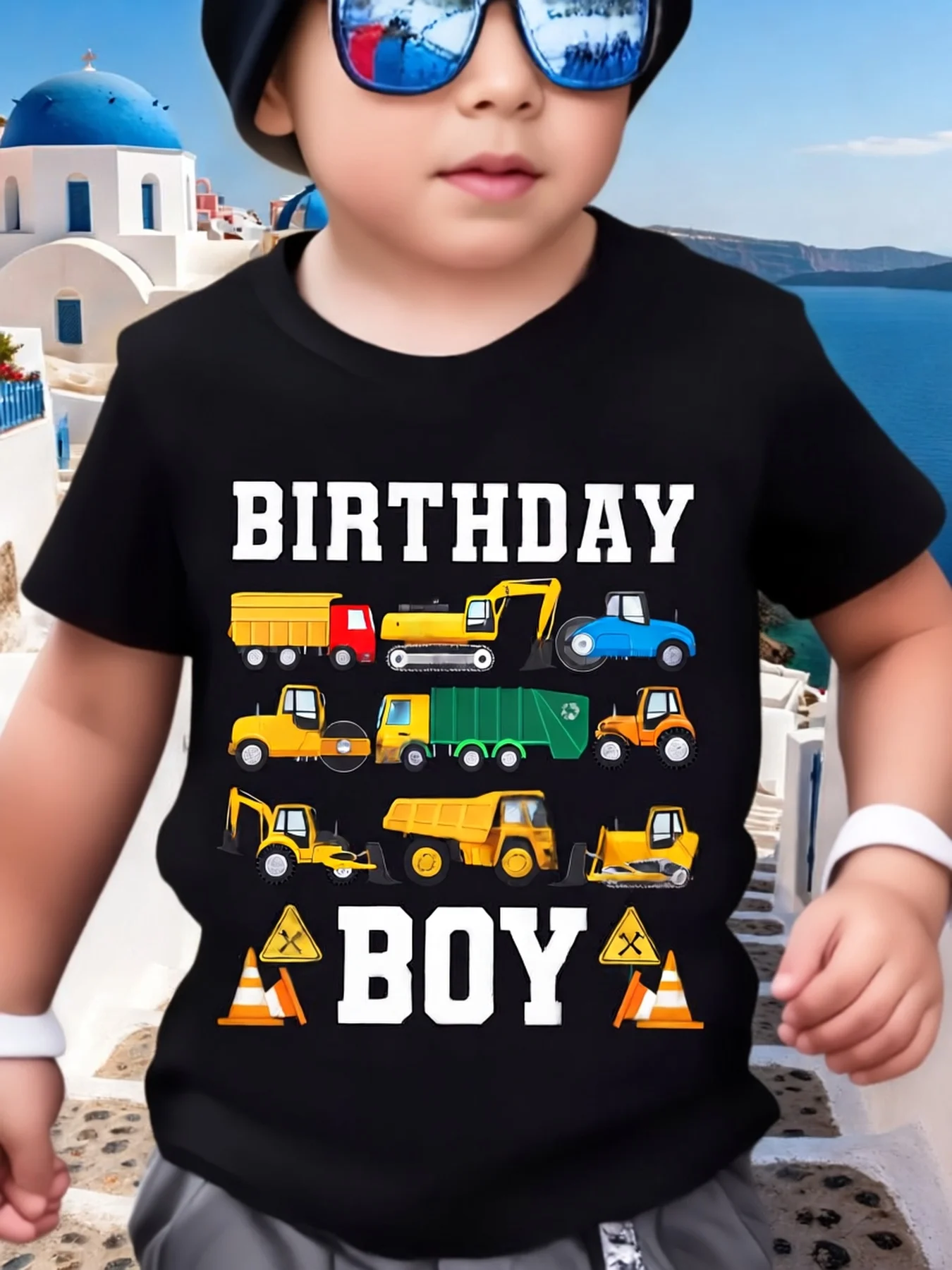 Boys Summer Casual T‑Shirt B‑DX5652, "BIRTHDAY BOY" Multiple Engineering Trucks Graphic Print Short Sleeve Kids Tee