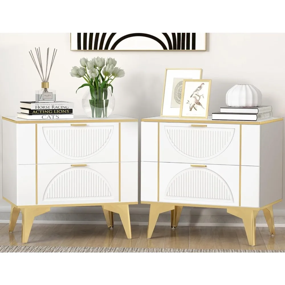 

Nightstands Set of 2, Wood Bedside Table with 2 Drawers, End Table with Semi-Circular Surface Metal Handle Legs (White Gold 23.6