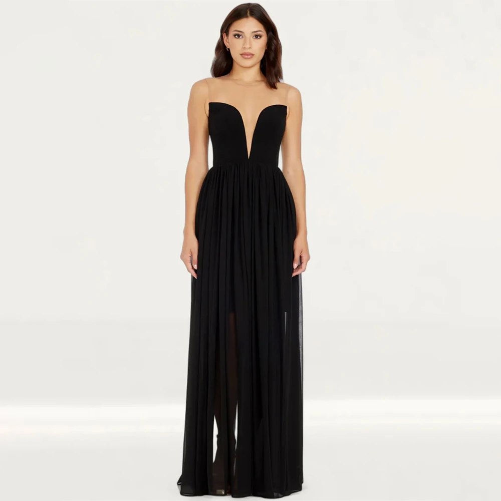 

Elegant Evening Dress A-Line Tulle Round Neck Straight Pleated Prom Dresses Formal Gown for Wedding Party Graduation Gowns